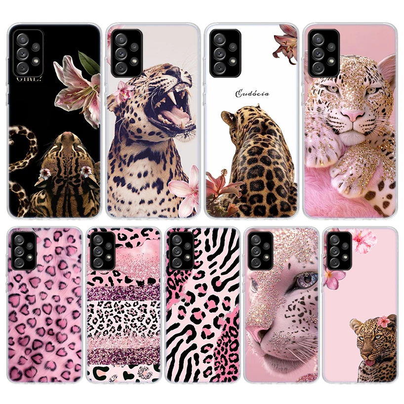 Funda de teléfono de silicona con estampado de leopardo rosa para Samsung Galaxy A52 A51 A50S A42 A32 A22 A12 A02S A30S A20S A10S A41 A31 A21S A40 A30 A