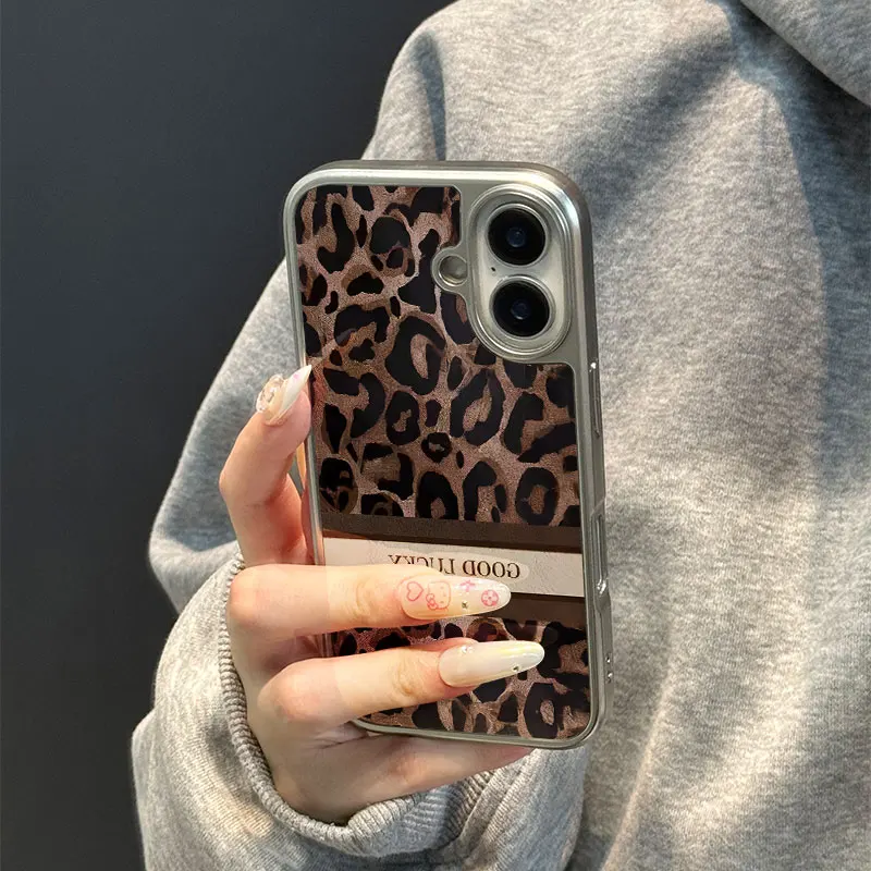 Funda de teléfono anticaída de TPU epoxi con borde plateado y estampado de leopardo de la suerte para iPhone XR/11/12/13/14/15/16/17 Pro Max - imagen 5
