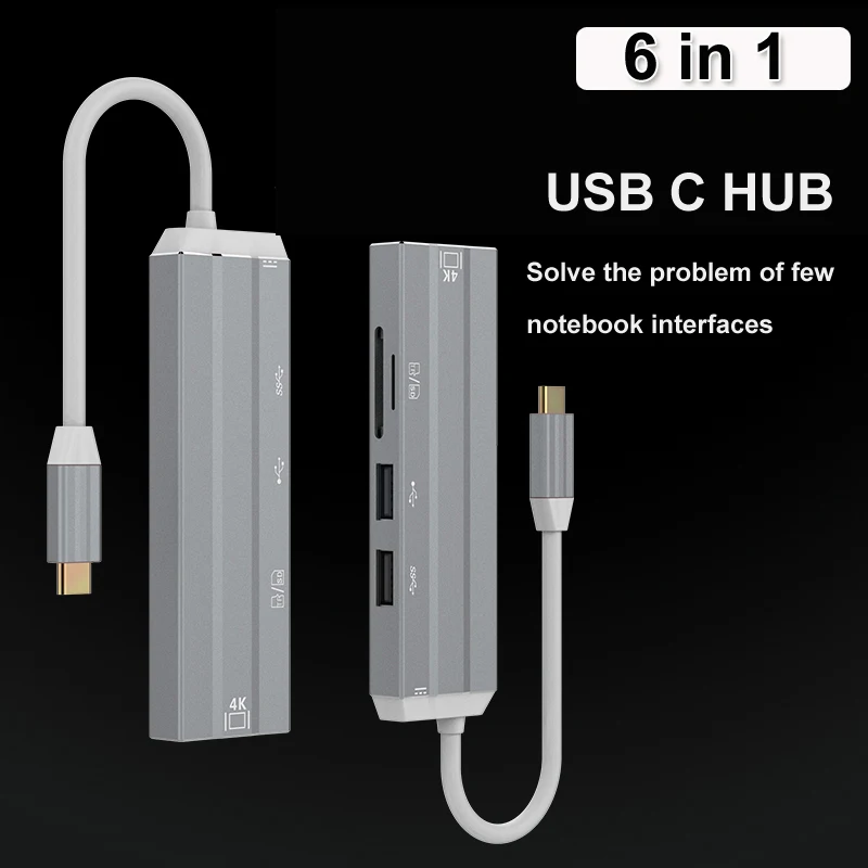 Hub USB C 6 en 1 tipo C 3,0 a adaptador HDMI 4K con lector de tarjetas SD/TF PD carga rápida para MacBook Notebook ordenador portátil