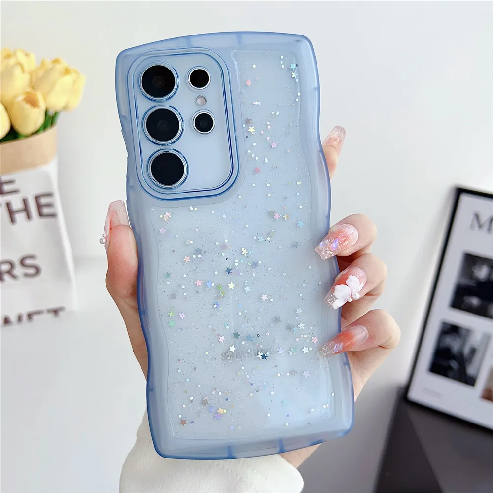 S24 Ultra Glitter estrellas lentejuelas borde ondulado funda transparente para Samsung Galaxy S24 S23 S22 S21 S20 Plus Ultra S20FE Note 20 funda suave - imagen 4