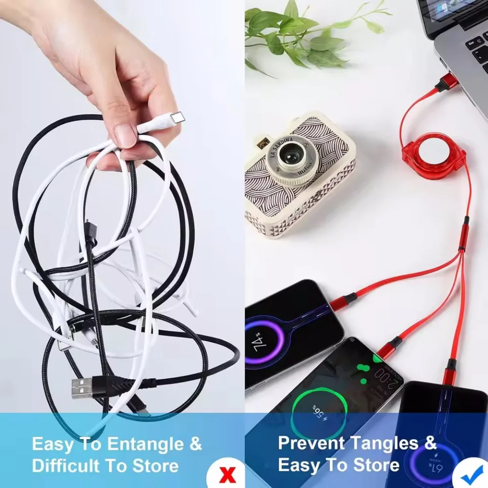 Cable de carga USB portátil 3 en 1 tipo C Cable de carga rápida Micro USB para iPhone 14 Xiaomi Cable de carga rápida extensible de 1M - imagen 4