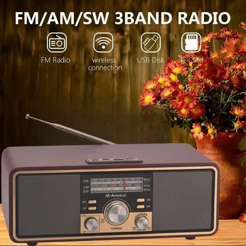 Radio portátil vintage de madera AM/FM/SW Radio de 3 bandas con puerto USB/TF Radio doméstica Altavoces Bluetooth para el hogar y al aire libre - imagen 3