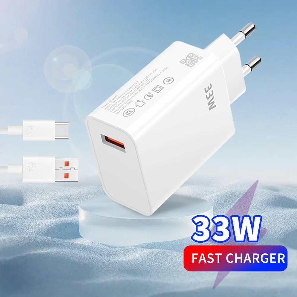 Cargador USB de 33W, carga rápida 3,0, enchufe UE/EE. UU., adaptador de pared de viaje, Cable USB tipo C 6A, adaptador de corriente de cargador de carga rápida portátil