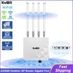 KuWFi AX3000 enrutador AP para exteriores, repetidor extensor de largo alcance WiFi6 de doble banda, puerto SFP Gigabit Ethernet, 48V POE, alimentado por energía Solar CC