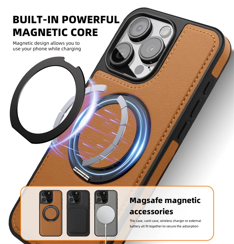 Funda de cuero magnética con soporte de anillo de Metal giratorio 360 para IPhone 17 Air 15 14 13 12 11 16 Pro Max Plus 15Pro Magsafe - imagen 4
