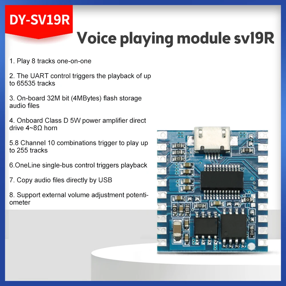 Módulo de Audio de DY-SV17F, Mini reproductor MP3, disparador IO, USB Downolad, módulo de reproducción de voz Flash, compatible con decodificación MP3 WAV