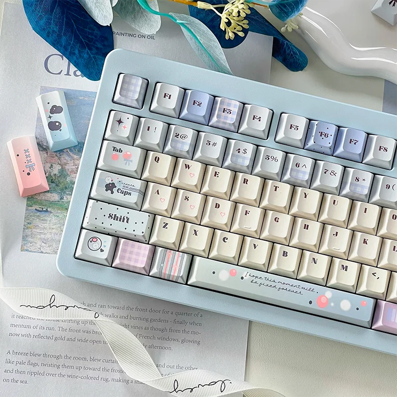 Teclas de color blanco lechoso y azul para teclado mecánico, teclas bonitas de sublimación PBT con perfil de cereza, 129 teclas - imagen 2