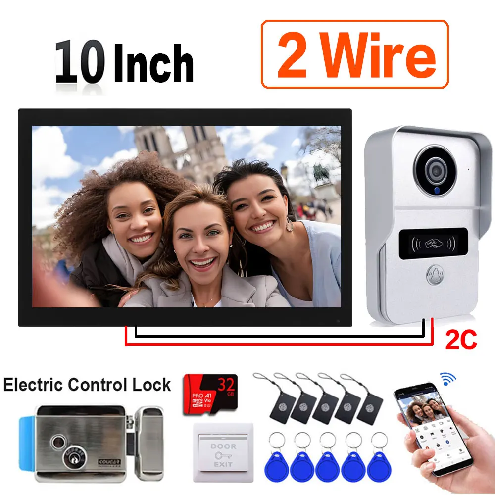 Sistema de timbre de vídeo inalámbrico Tuya Wifi de 2 cables, cámara de puerta de portero 1080P, pantalla táctil de 10 pulgadas, con cerradura eléctrica de tarjeta de 32GB