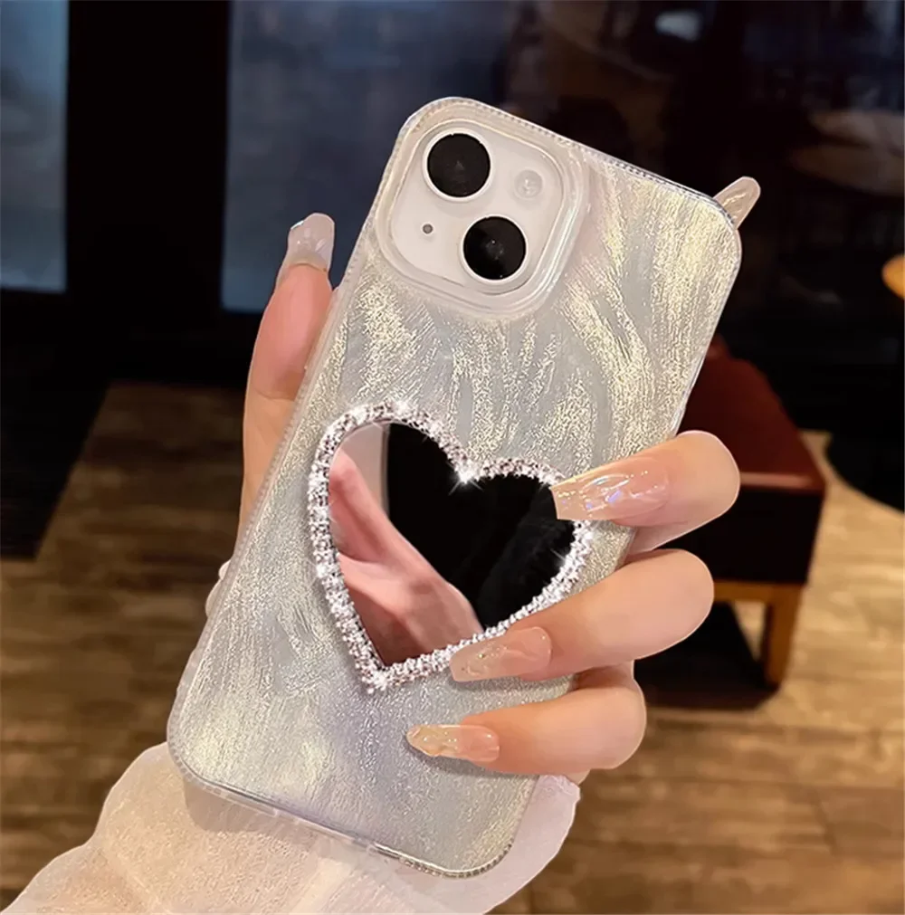 Funda de teléfono con espejo de corazón de diamante de lujo para Xiaomi Redmi Note 13 Pro 4G 5G 12 12S 11 11S 10 10S 9S 8 7 Pro cubierta láser a prueba de golpes - imagen 2