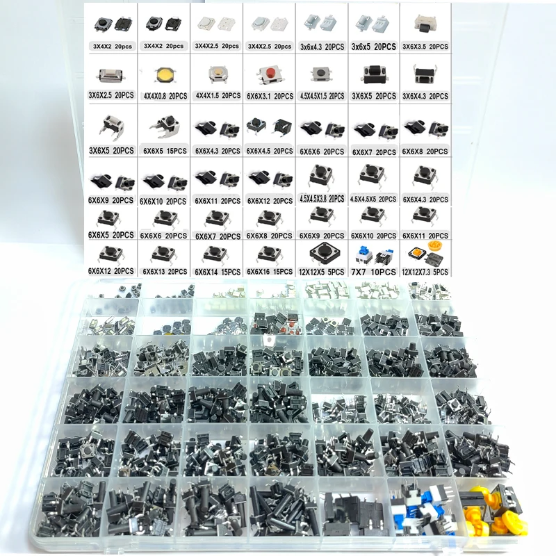 785 Uds 42/24/32 valores interruptor de botón táctil SMD Micro interruptor táctil momentáneo Kit surtido para Control remoto de coche con caja