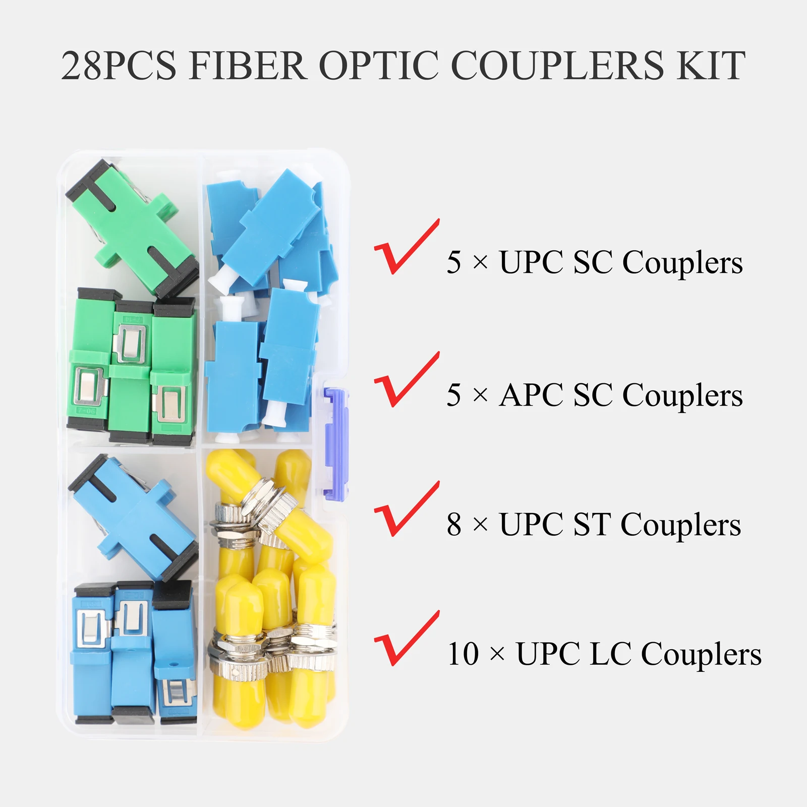 Kit de acoplador de fibra óptica de 28 piezas, kit adaptador de fibra para SC/APC SC/UPC ST LC, conector convertidor para sistema FTTH - imagen 3