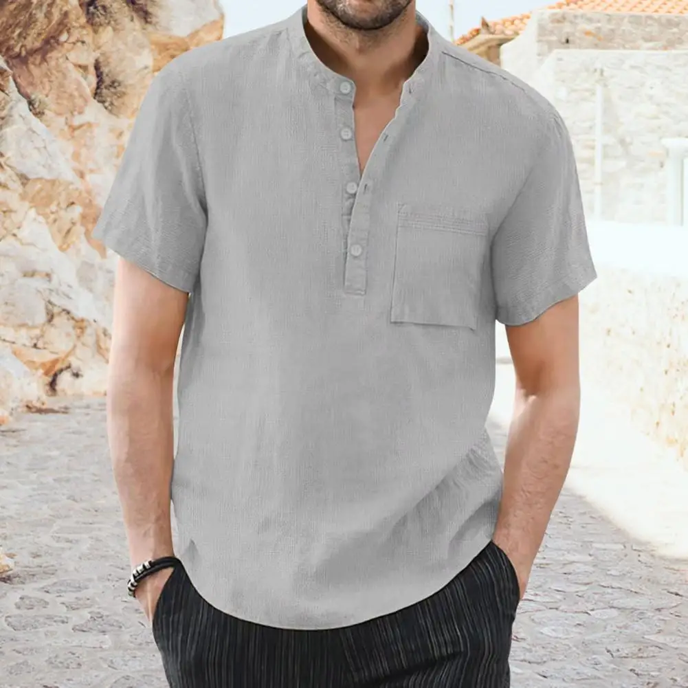 Camisa de un solo pecho para hombre, camisa elegante de verano con cuello levantado, bolsillo en el pecho, estilo de viaje de negocios, Top informal - imagen 3