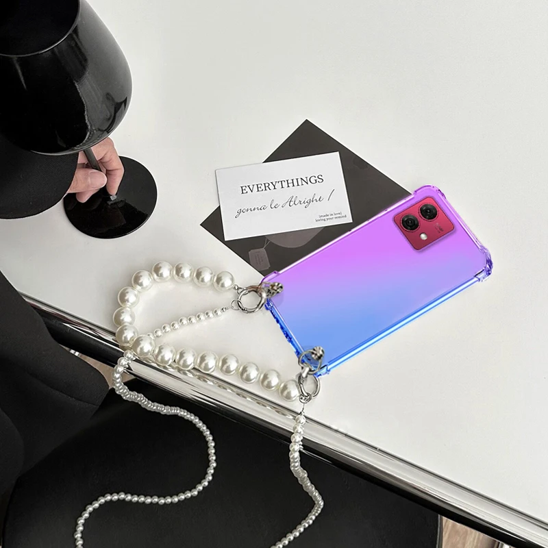 Funda con cordón de perlas cruzadas para Motorola G84, G54, G32, E13, Edge 40, Neo 30, pulsera, cadena, gradiente transparente, funda trasera para teléfono - imagen 3