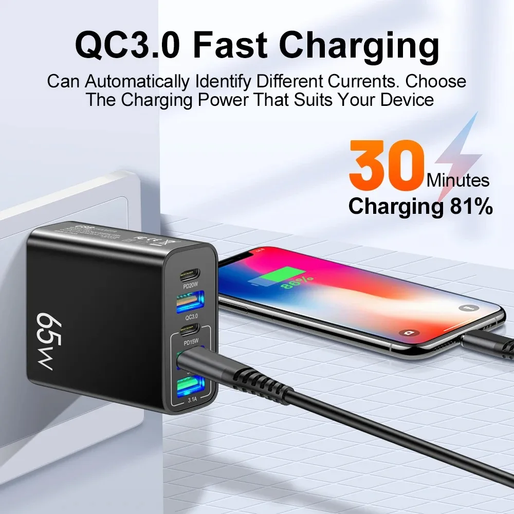 Cargador USB C Total de 65W, adaptador de cargador de teléfono de carga rápida de 5 puertos para iPhone, Samsung, Xiaomi, cargador de pared tipo C de carga rápida - imagen 2