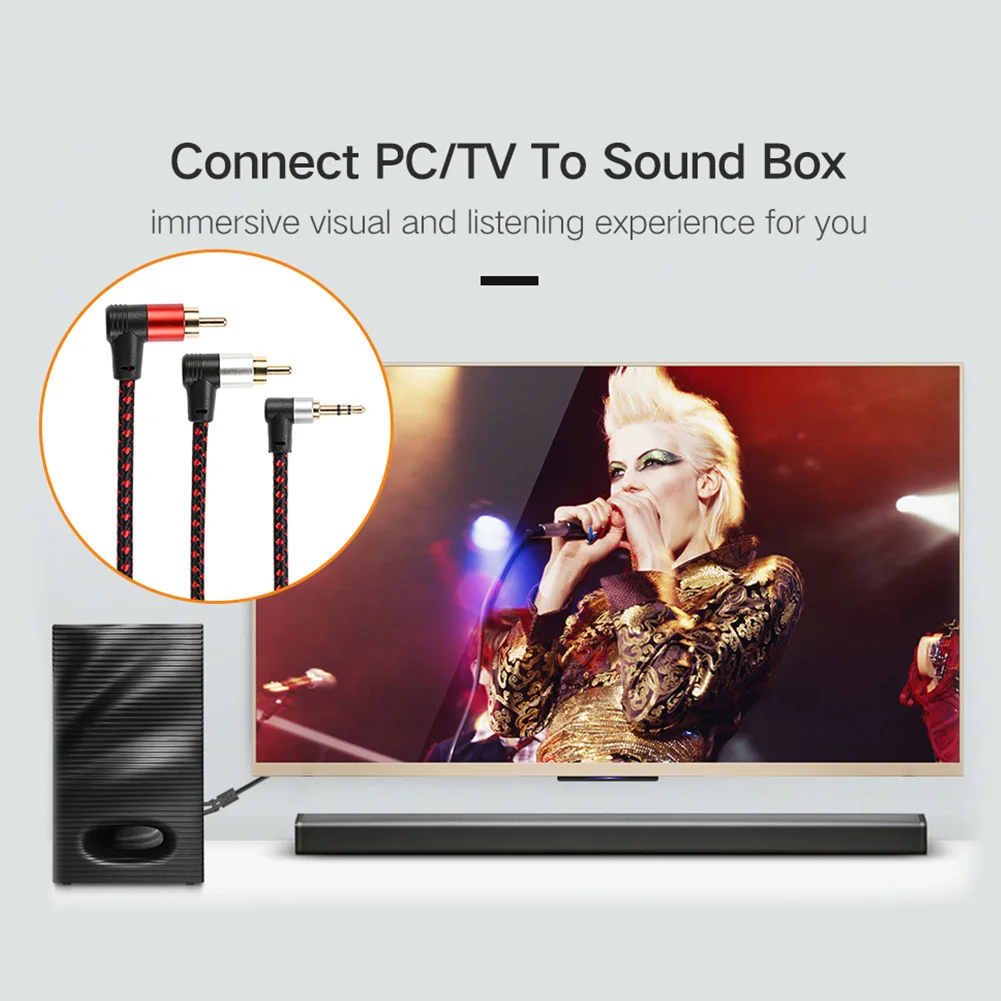 Nku 90 grados 3,5mm macho a 2 RCA macho Jack Cable de Audio duradero práctico ángulo recto AUX Y Cable divisor para amplificador MP3 - imagen 4