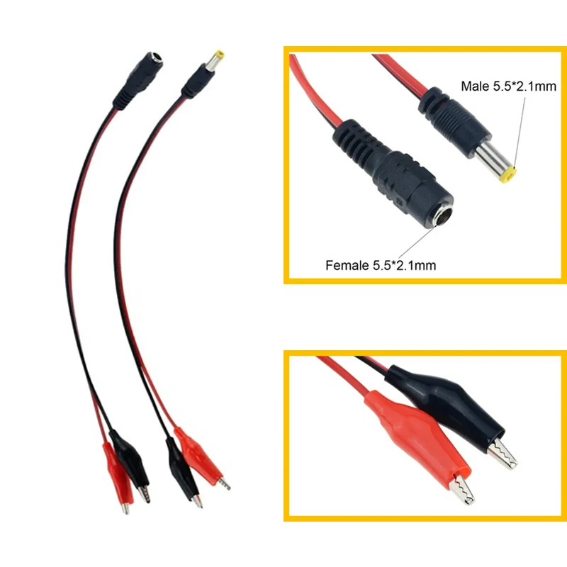 1 Uds Clip de cocodrilo 5,5*2,1mm conector de clavija de alimentación CC adaptador enchufe 25CM cables de prueba cable cocodrilo macho hembra línea de conexión