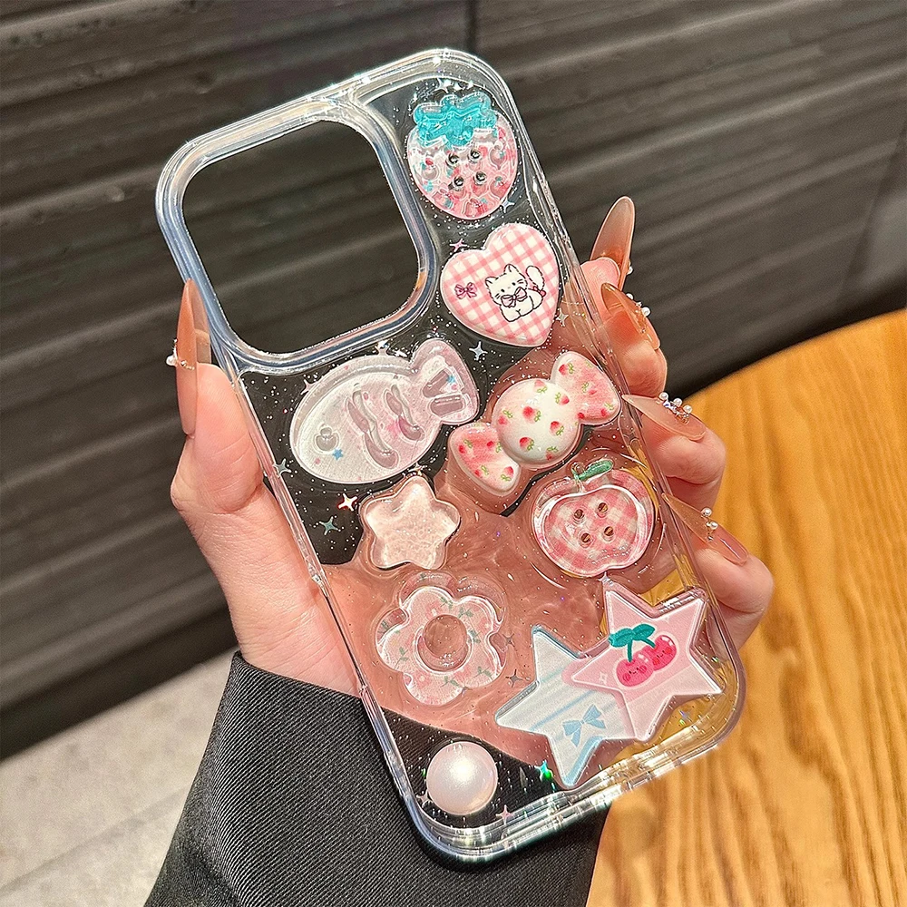 Funda de teléfono transparente con purpurina de pez rosa INS 3D para IPhone 16 15 14 13 Pro Max, funda trasera elegante femenina a prueba de golpes - imagen 5