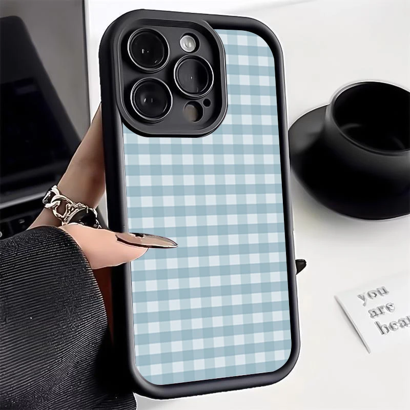 Funda para iPhone 11 12 13 14 15 16 Pro Max ins Patrón de cuadros azul Cobertura completa de lentes Prevención de caídas Funda de teléfono de tpu - imagen 5