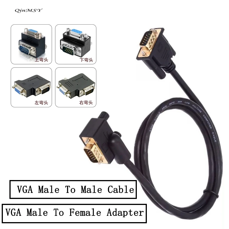 Cable VGA 3 + 6 en ángulo de 90 grados RGB HD 15 pines Cable de extensión macho a macho y hembra para PC TV Monitor de ordenador proyector 50cm