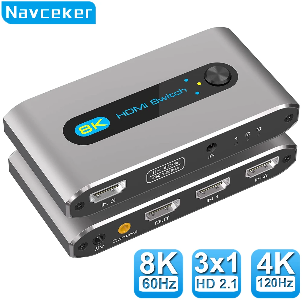 Interruptor remoto 8K HDMI, 4K, 120Hz, 3 en 1, salida HDMI 2,1, Selector divisor para HDR, UHD, VRR, ALLM, 2K, 144Hz, Dolby Vision para PS5, XBOX, TV
