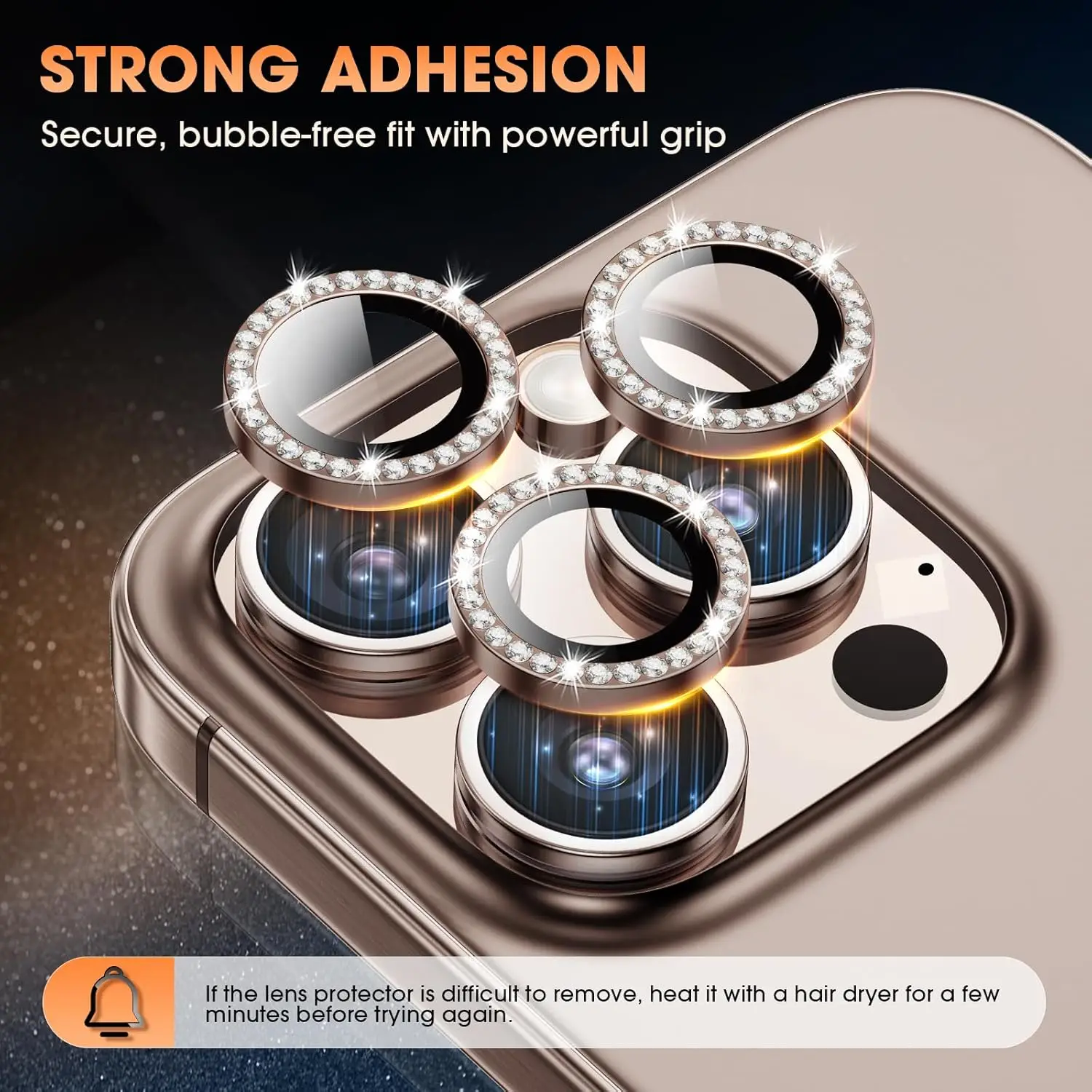 Para IPhone 16 Pro/16 Pro Max Protector de lente de cámara Bling Anillo de diamante de metal individual Protector antiarañazos de dureza 9H, - imagen 4
