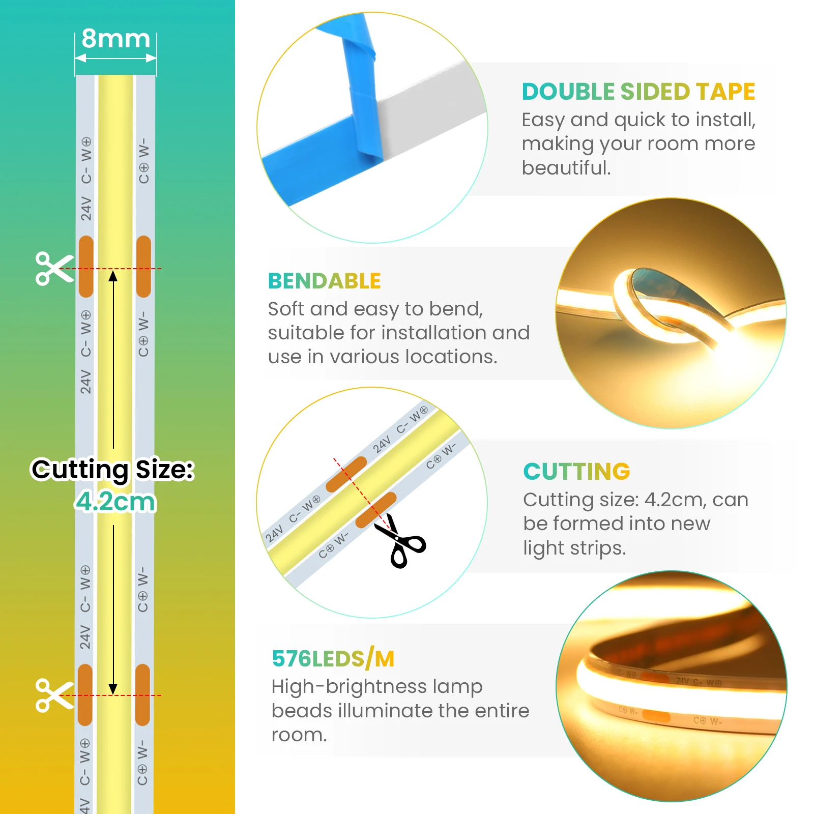 Tira de luz LED COB CCT de 24V, 576LEDs/m, alta densidad, doble Color, RA90, regulable, 2700K a 6500K, cinta Led cambiante con Kit de 17 teclas - imagen 5