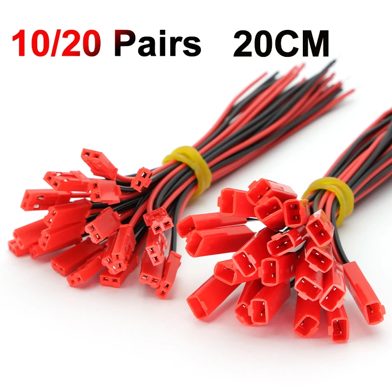20/10 pares de conector de clavija JST de 20CM de largo, Cable de conector macho + hembra de 2 pines para juguetes RC, lámpara LED de batería