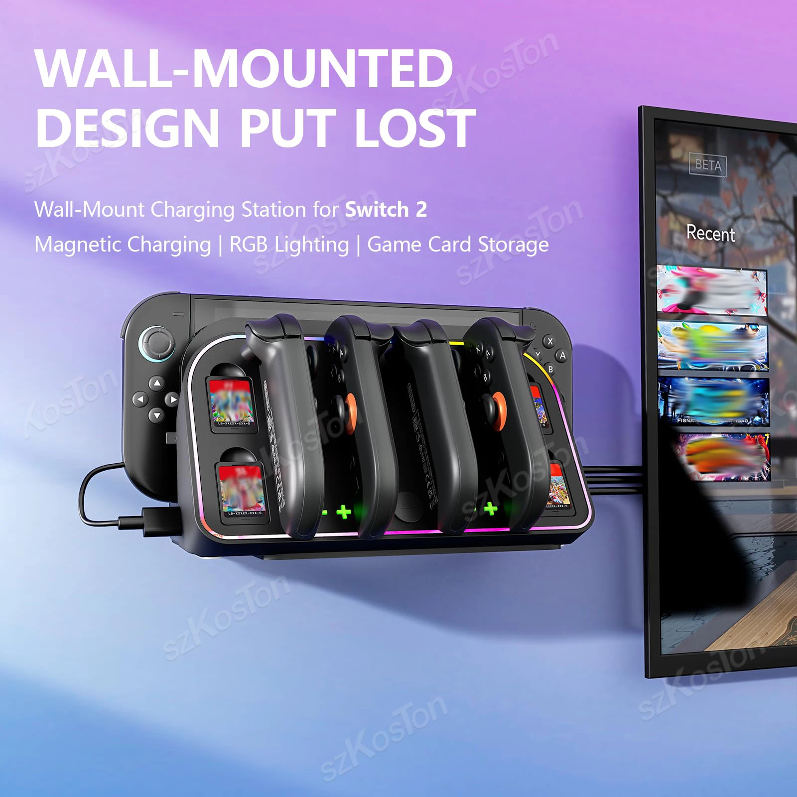 Estación de carga de soporte de pared 4 en 1 para Switch 2 Joycon, modos RGB, soporte de base de carga de luz para accesorios de juego Switch2 - imagen 2