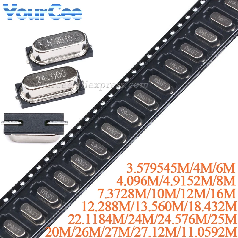 10 Uds HC-49SMD oscilador de cristal pasivo 20PF 20PPM 27,12 M 27M 26M 25M 24M 22,1184M 20M 16M 13,560M 12M 10M 8M 6M 4,096M 4MHZ