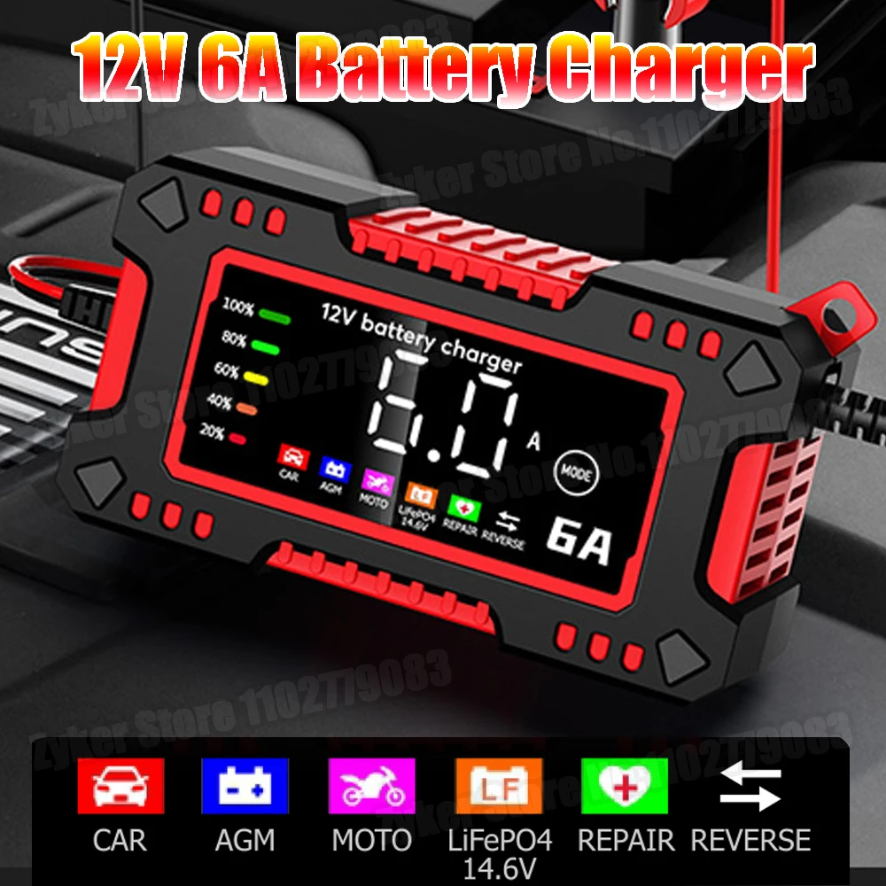 Cargador de batería de coche de 12V 6A, cargador de motocicletas eléctricas con pantalla Digital de 14,6 V 6A para reparación de batería inteligente AGM de plomo ácido LiFePO4