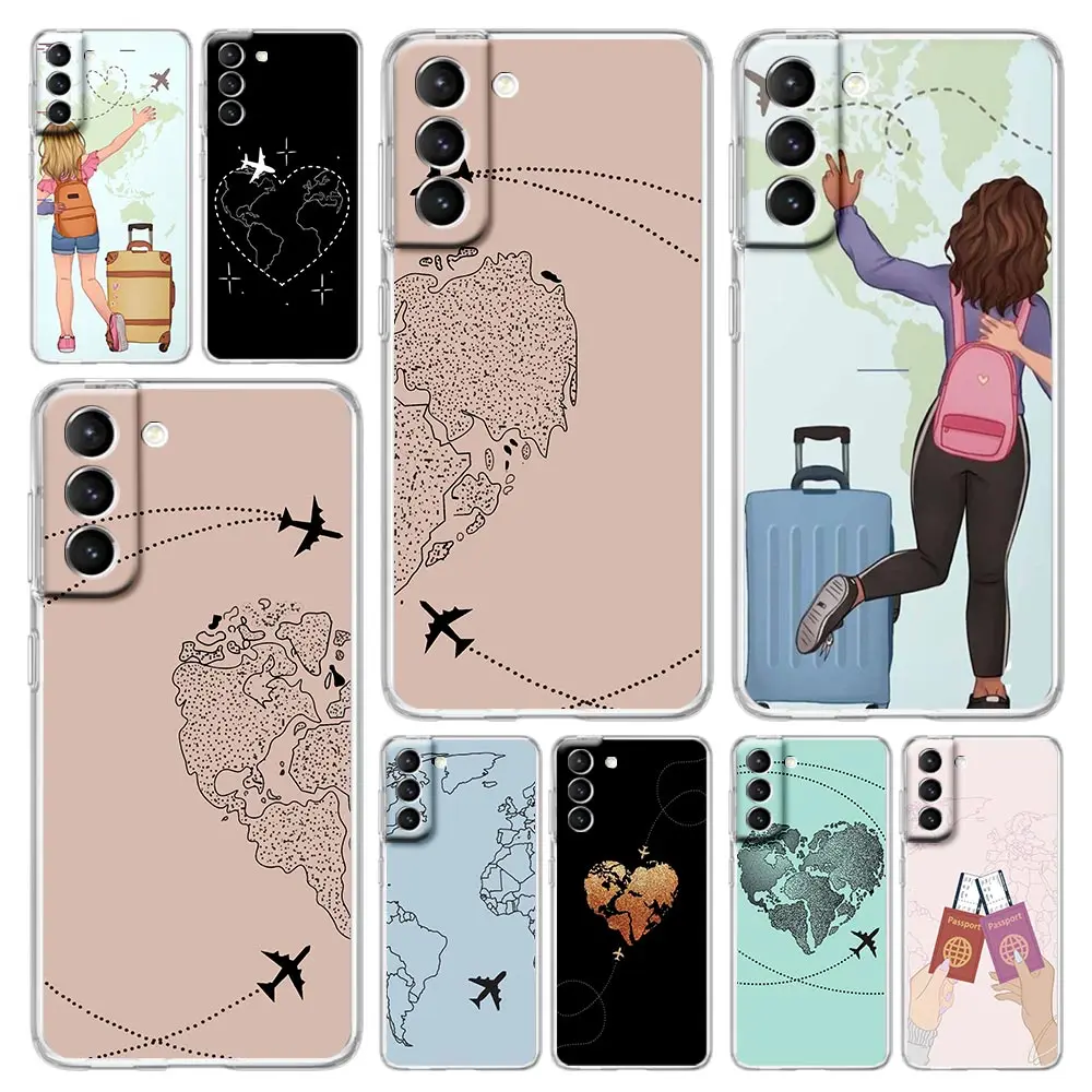 Funda de teléfono de viaje con mapa del mundo de aviones de moda para Samsung Galaxy S23 Ultra S22 5G S20 S21 FE 5G S10E S9 S8 S10 Plus, cubierta transparente