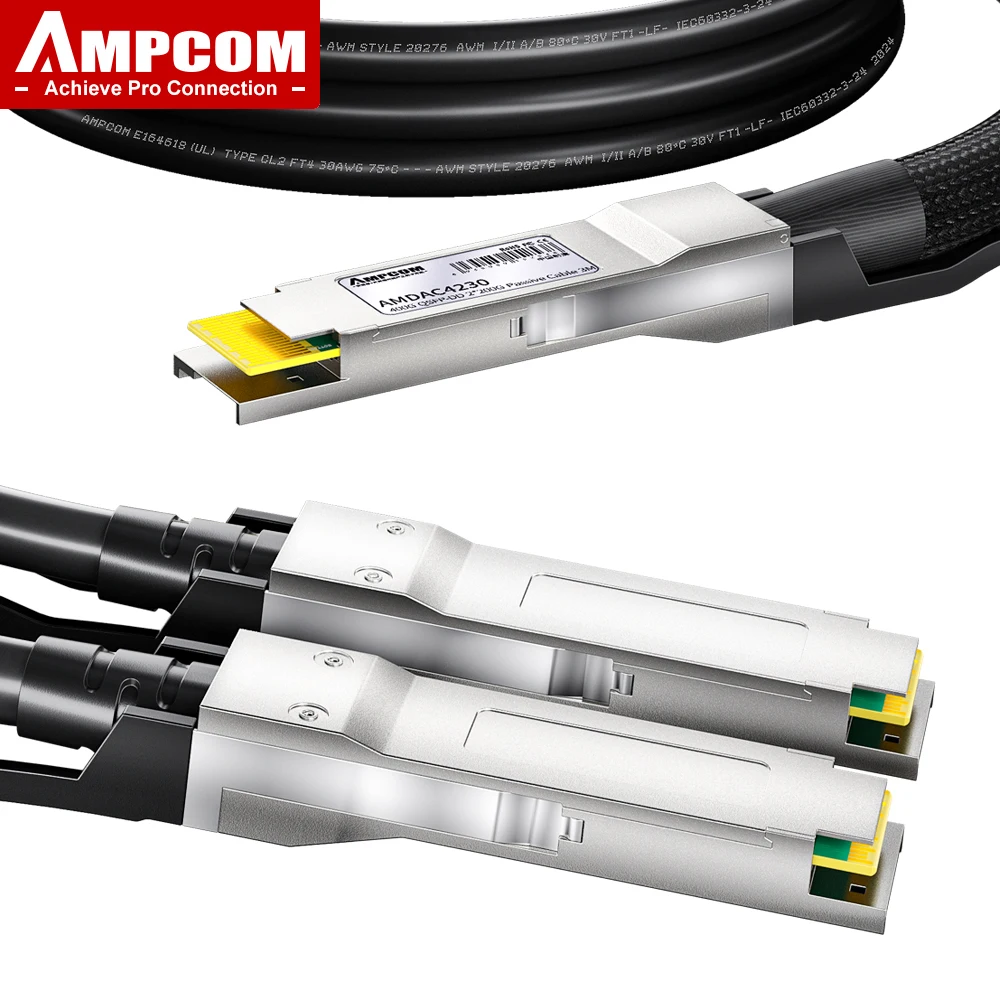 AMPCOM 400G PAM4 QSFP-DD a 2x 200G QSFP56 Cable de conexión de cobre Twinax de conexión directa pasiva, DAC 400G a 2x200G para Cisco, etc.