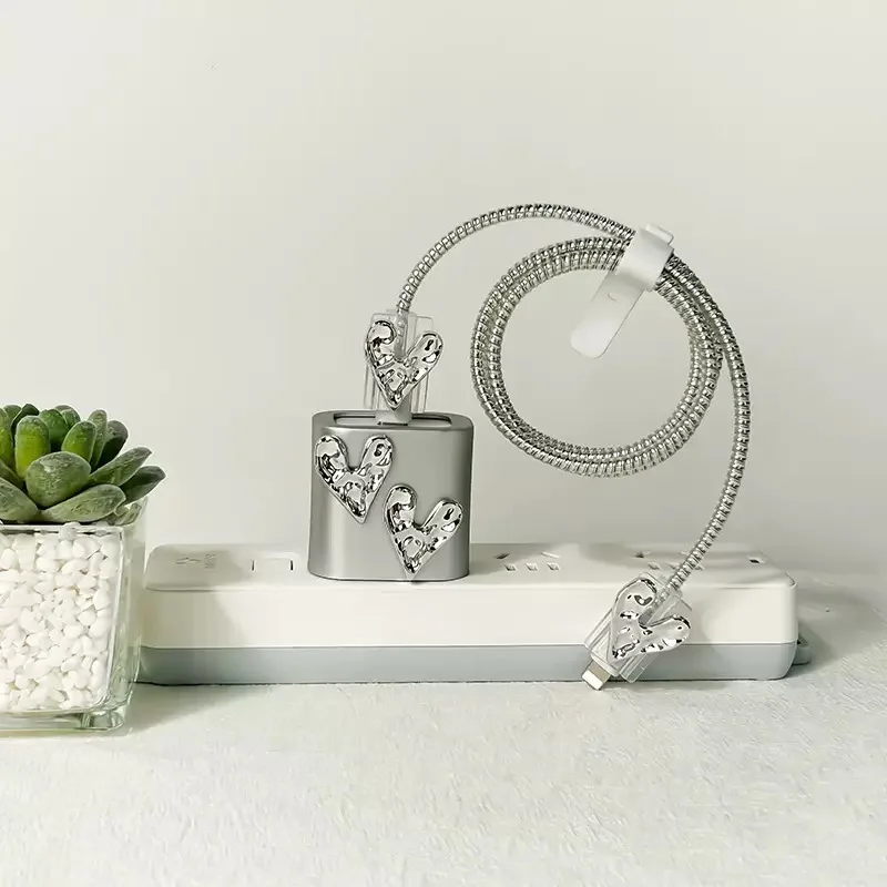 Para Apple Charger 18/20W 3D cubierta protectora plateada con forma de corazón para iPhone 16 15 14 PM adaptador de corriente funda de silicona enrollador de Cable K - imagen 5