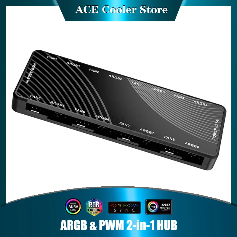HA-02, caja de computadora ARGB+PWM Hub 2 en 1 ventilador de chasis serie conector de 4 pines 5V sincronización de luz divina de 3 pines, 8 + 8 cabezales - imagen 2