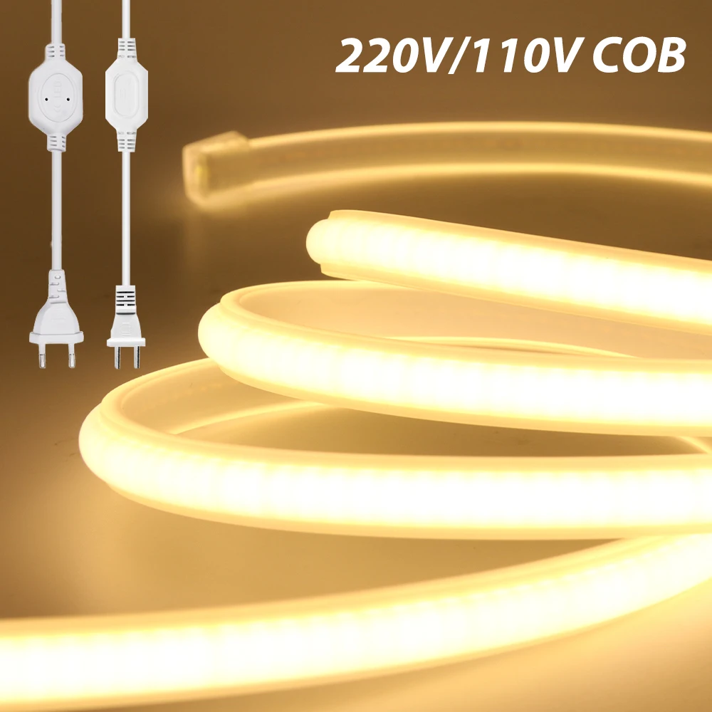Tira de luces LED COB de alto brillo, 288LEDs/m, 220V, enchufe europeo, 110V, enchufe estadounidense, cinta Flexible, impermeable, iluminación decorativa para exteriores