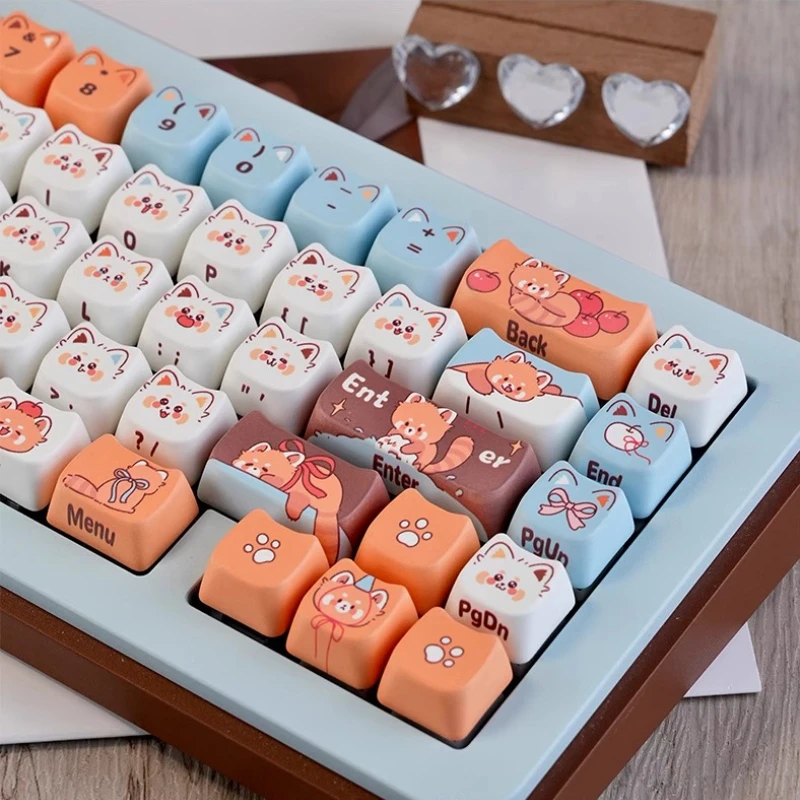Juego de teclas de mapache pequeño, sublimación térmica PBT, MAO, bonitas tapas de teclado mecánico con cabeza de gato, 128 teclas, teclas personalizadas en color naranja y marrón - imagen 5