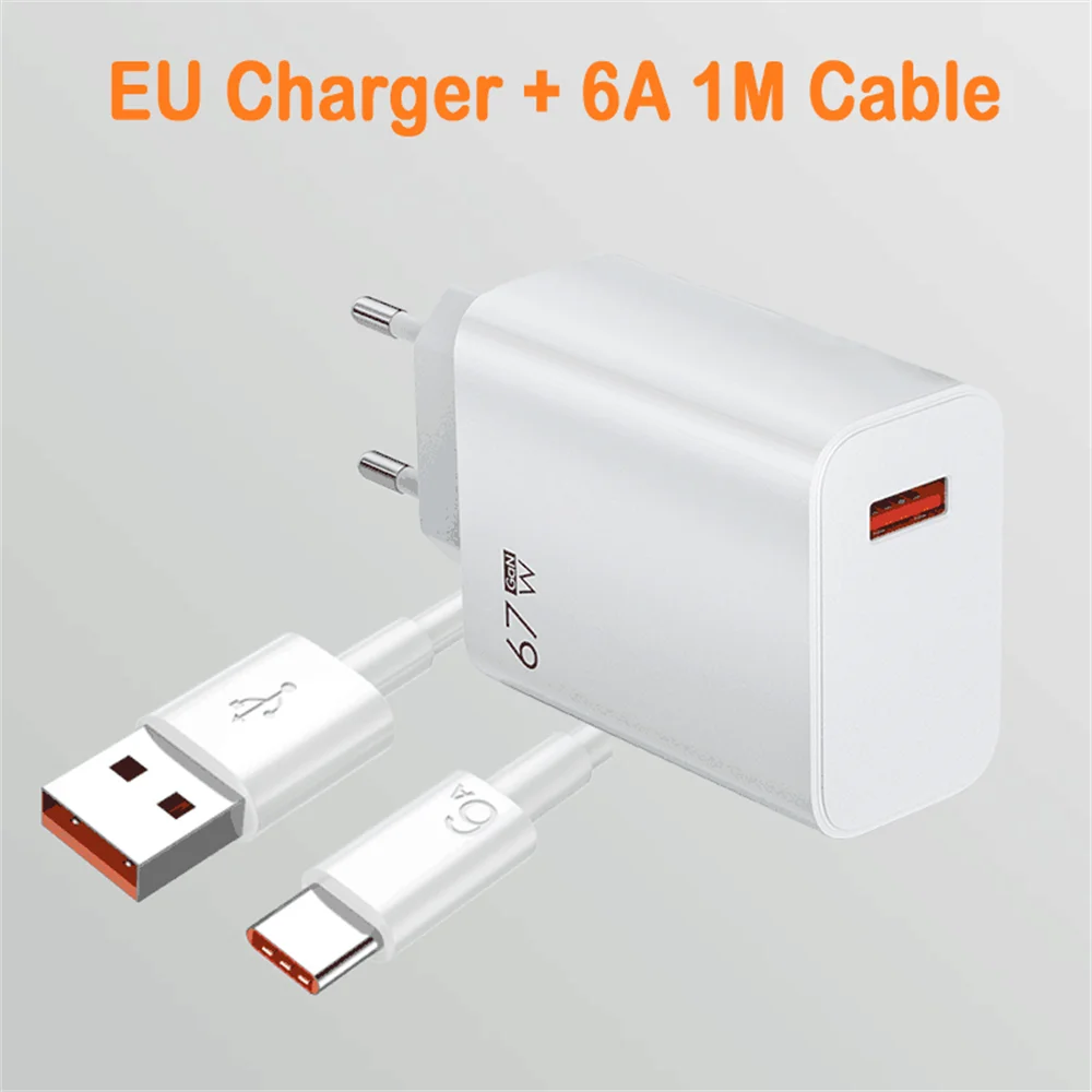 Cargador USB GaN de 67W, carga rápida, enchufe UE/EE. UU., cargador de pared, Cable tipo C 6A para iPhone, Samsung, Xiaomi, Huawei, adaptador de teléfono rápido