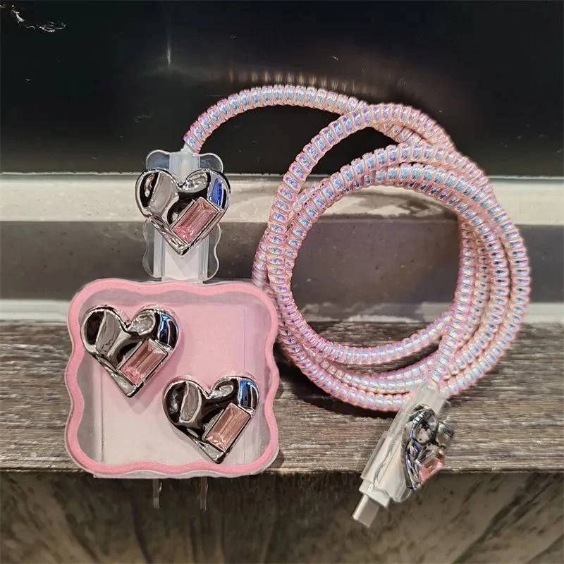 Cubierta de cargador de corazón de amor de diamante rosa de Corea para IPhone 11, 12, 13, 14, 15, 18W-20W, funda de carga transparente - imagen 3