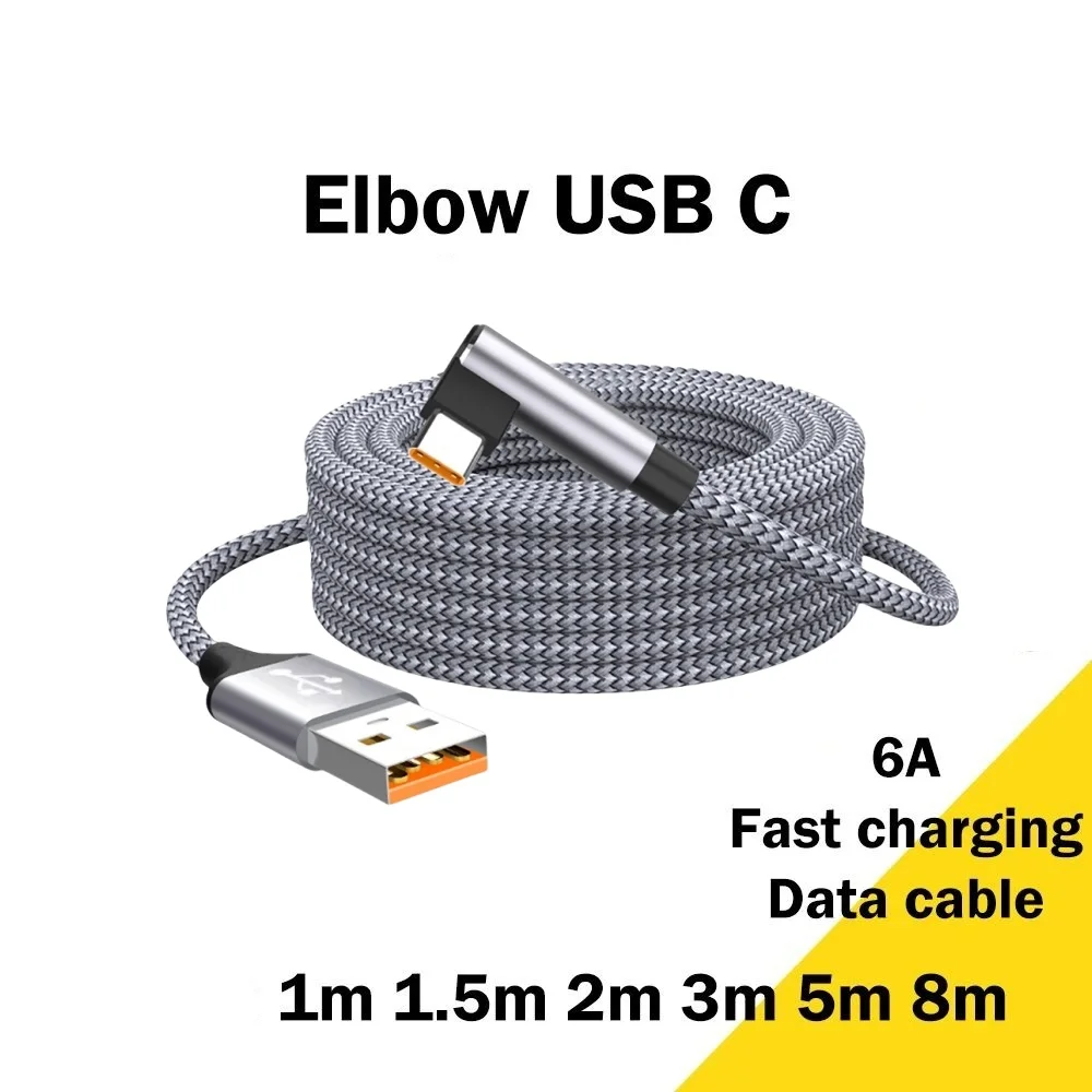 Cable de datos de carga rápida tipo codo USB C 6A, Cable de carga extensible para teléfono de 1/1, 5/2/3m/5m para iPhone, Samsung, Huawei, Xiaomi, OnePlus