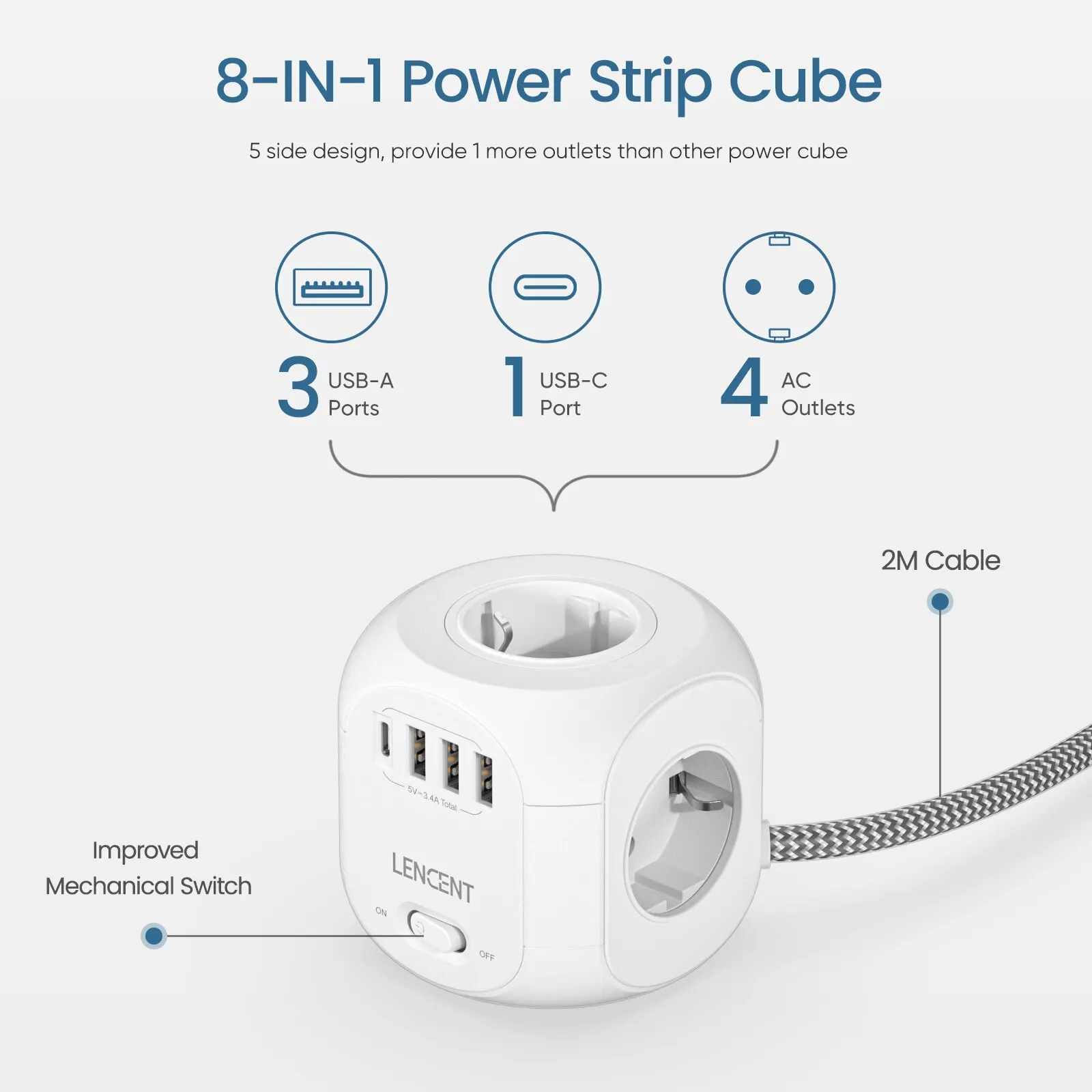 LENCENT-regleta de alimentación con enchufe europeo, cubo con 4 salidas de CA, 3 puertos USB, 1 tipo C, Cable trenzado de 3M, enchufe múltiple con interruptor para el hogar - imagen 2