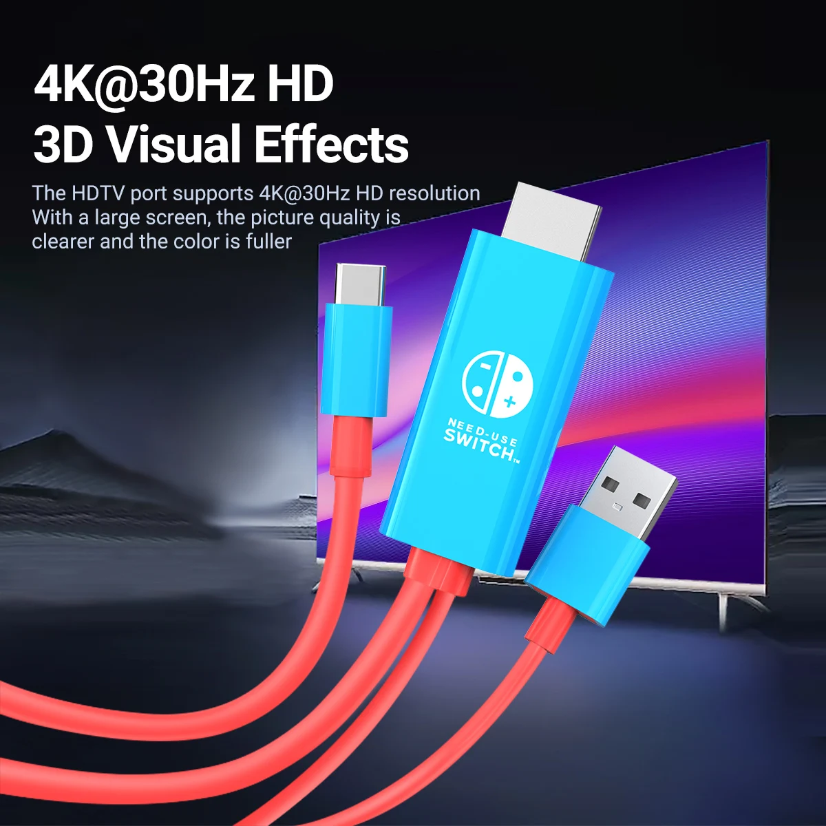 Cable tipo C a HDMI de 4K30Hz, adaptador de USB-C a HDTV con fuente de alimentación USB de 5V para interruptor OLED/teléfono/portátil/Pad