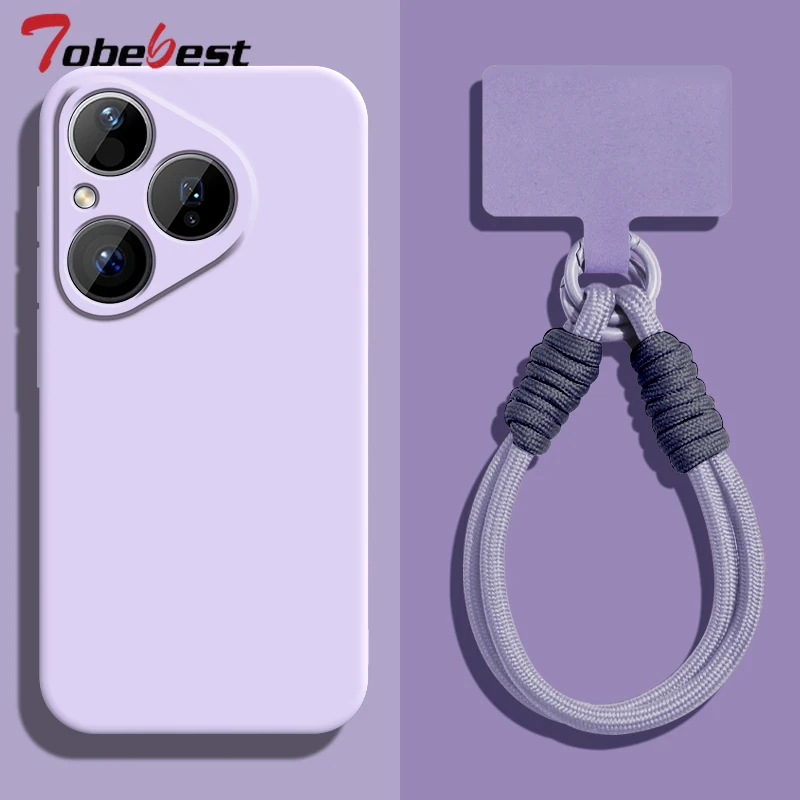 Funda con correa para la muñeca con cordón de silicona líquida para Huawei Pura 80 70 Ultra P60 P50 P40 P30 Lite Pro, funda protectora para lente de cámara
