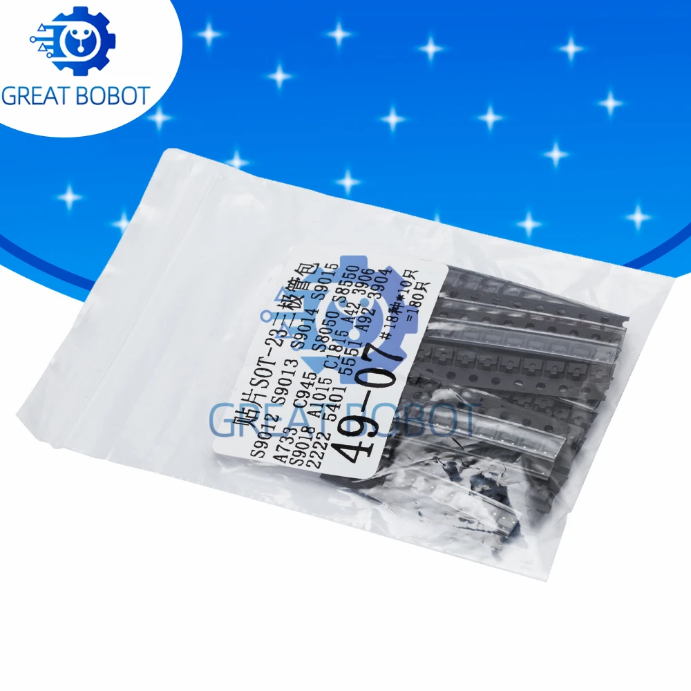 KIT de transistores SMD SOT-23 S9013 S9014 S9015 S9018 MMBT3904 MMBT3906 SS8050 SS8550 2N5551 2SC1815 Total 10 tipos X10 piezas = 100 piezas