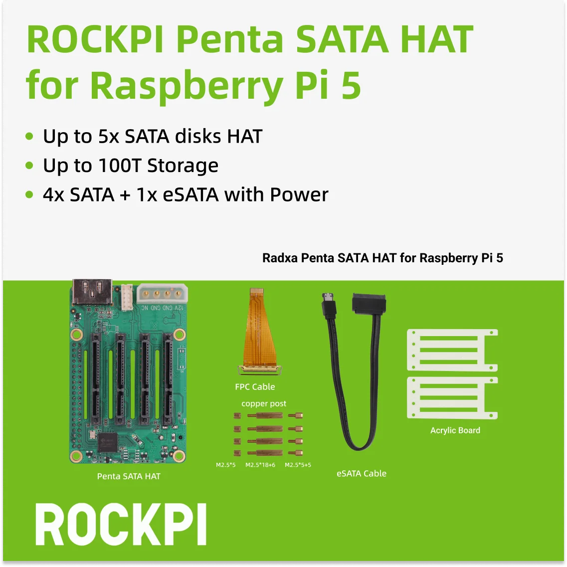 ROCKPI Penta SATA HAT - Hasta 5x discos SATA HAT para Raspberry Pi 5 y ROCK Pi SBCs,3C,5A, 4A / 4B / 4SE / 4A+ / 4B+ / 3A