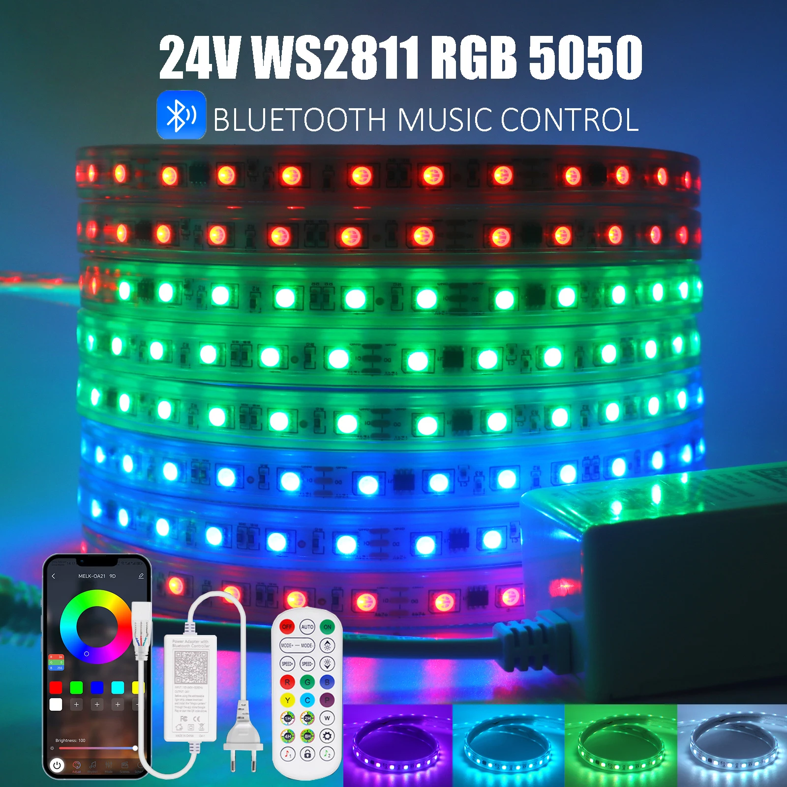 Tira de luces LED WS2811 con Control por aplicación, cinta de luz direccionable con Bluetooth, 24V CC, 5050 RGB, Color de ensueño, IP67, resistente al agua, para decoración del hogar y el jardín