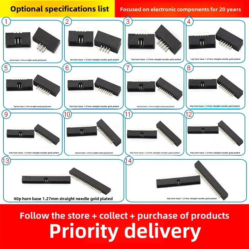 5 uds DC3 Cable enchufe 1,27mm espaciado Simple Bull Horn Socket conector ISP JTAG enchufe Pin recto 6/8/10/12/16/20/26/34/40/50p - imagen 3