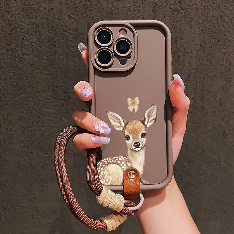 Funda de teléfono con correa de cordón suave con diseño de ciervo y lazo bonito para iPhone 17 16 15 14 13 12 11 Pro Max 16E 17 Air 7 8 Plus