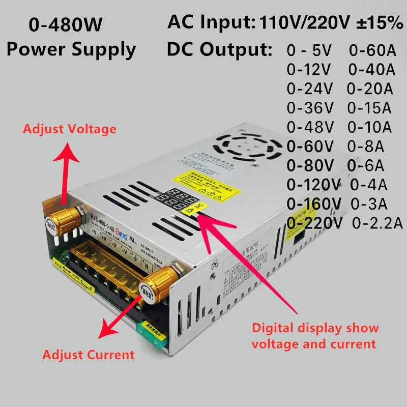 Transformadores de 480W CA 220V a CC 5V 12V 24V fuente de alimentación conmutada ajustable 36V 48V 60V 80V 120V 160V 220V con pantalla Digital - imagen 2