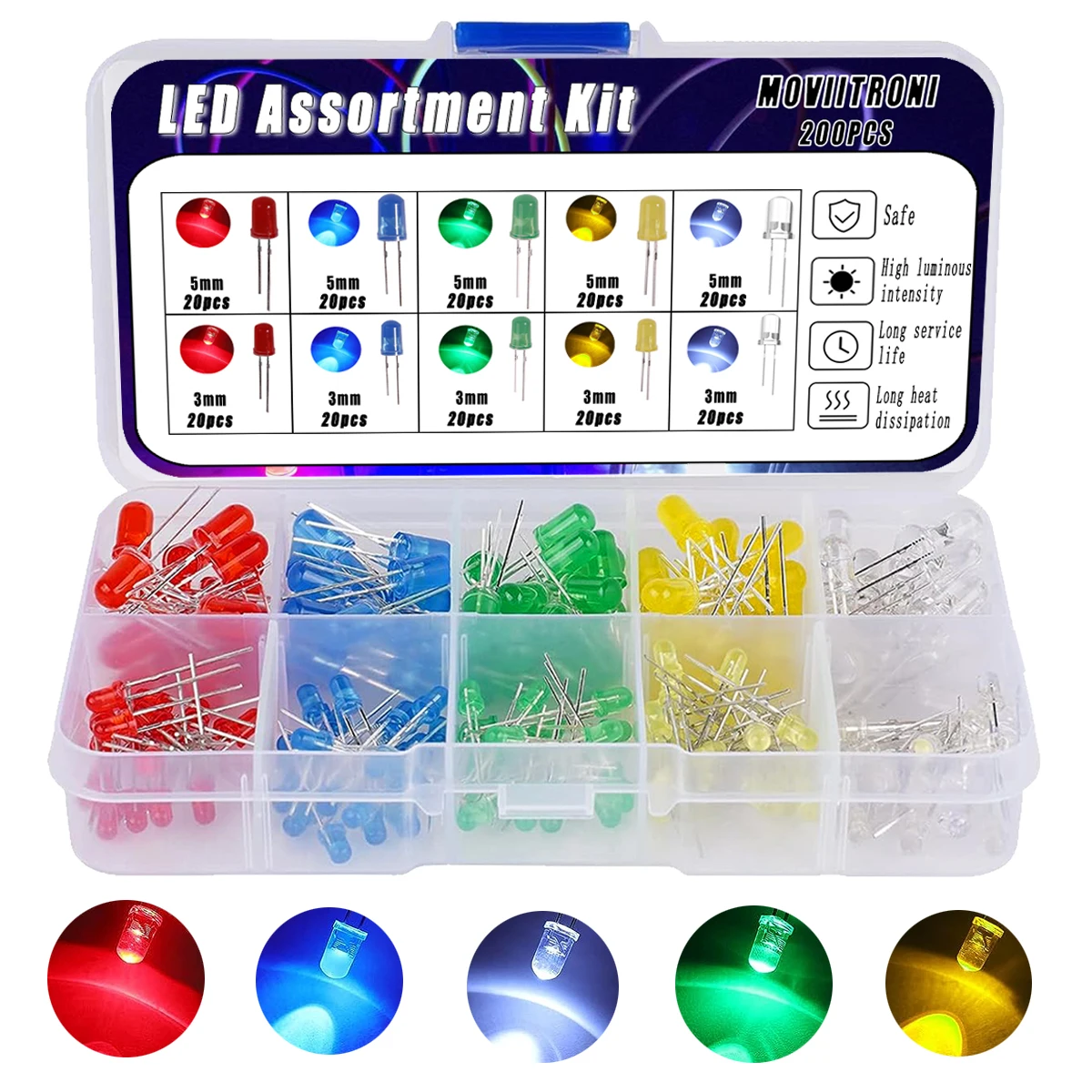 Kit surtido de luces LED de diodo emisor, blanco, verde, rojo, azul, amarillo, naranja, 3mm/5mm