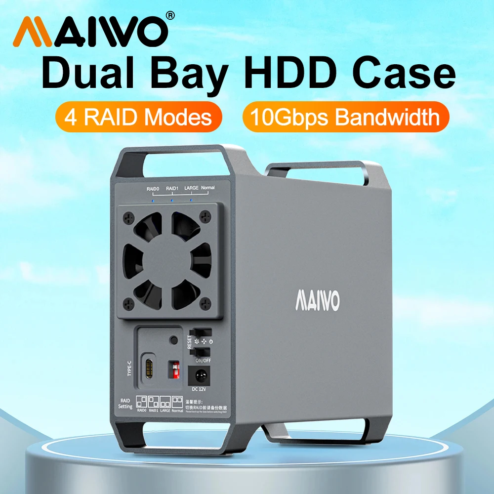 Caja de disco duro MAIWO de 3,5 pulgadas, caja de matriz RAID de doble bahía, caja externa de disco SATA a tipo C, cuatro modos RAID con ventilador - imagen 2